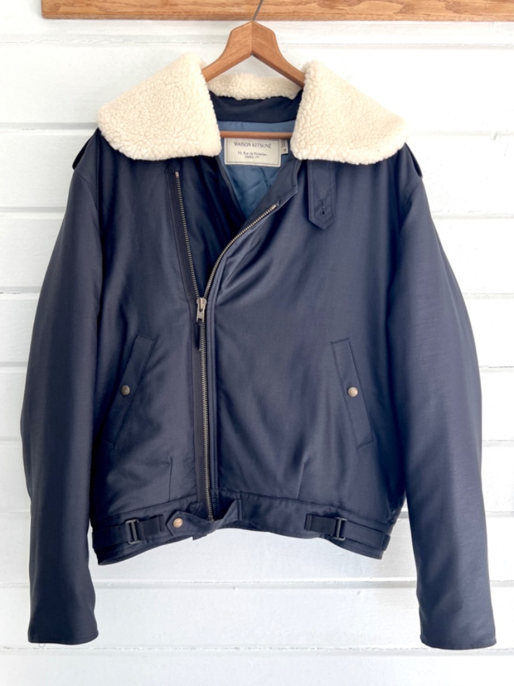 MAIZON KITSUNÉ Faux Shearling Collar Nylon Bomber Jacket - Dark Navy - XL